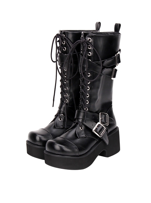 Versatile Daily Black Cool Punk Style Ouji Fashion Thick Bottom Tie Shoelaces Long Knight Boots