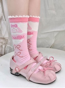 Soft Girl Pink Strawberry Bunny Ribbon Bowknot Polka Dots Print Sweet Lolita Middle Tube Socks