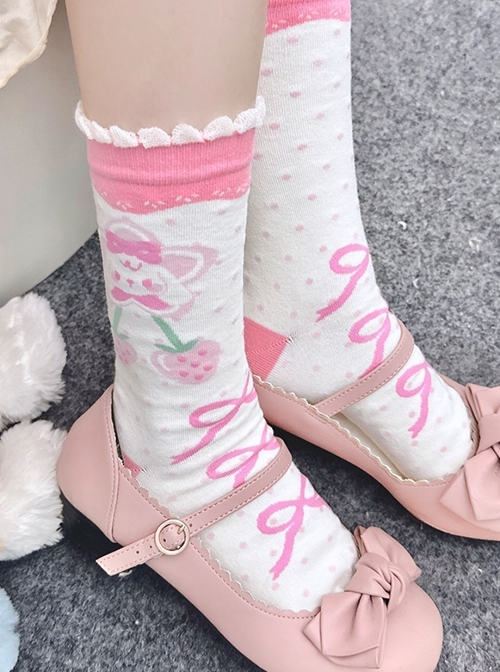 Soft Girl Pink Strawberry Bunny Ribbon Bowknot Polka Dots Print Sweet Lolita Middle Tube Socks