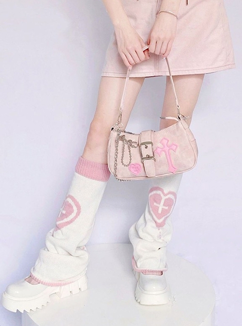 Japanese Style Kawaii Y2K Cute Cross Heart Pattern Sweet Lolita Versatile Knit Leg Sleeves