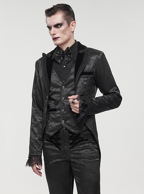 Gothic Style Exquisite Bright Velvet Print Splicing Lace Ribbon Side Button Decoration Men's Black Tailcoat