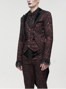 Gothic Style Exquisite Bright Velvet Print Splicing Lace Ribbon Side Button Decoration Men's Wine Red Tailcoat