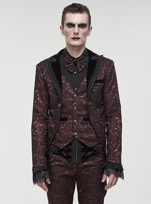 Gothic Style Exquisite Bright Velvet Print Splicing Lace Ribbon Side Button Decoration Men's Wine Red Tailcoat