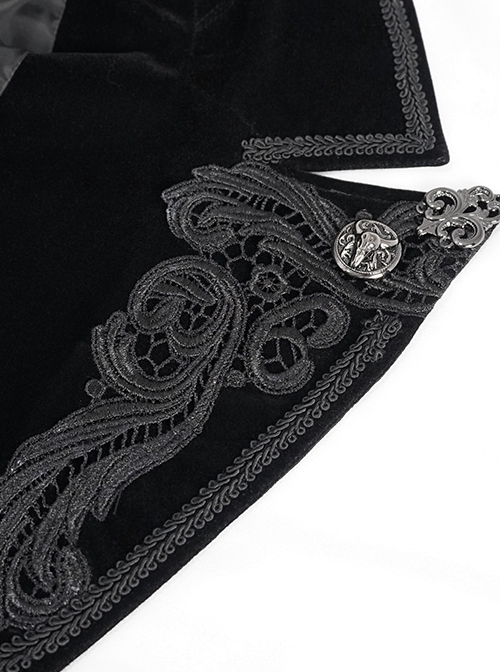 Gothic Style Exquisite Printed Velvet Collar Embroidered Appliqué With Flared Sleeves Black Drawstring Coat