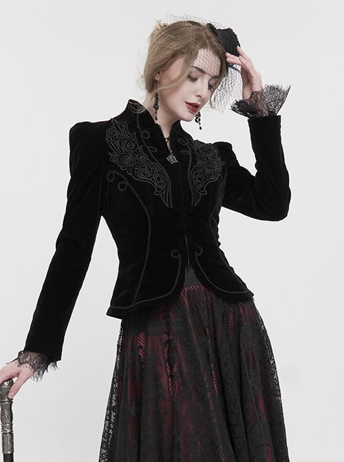 Gothic Style Soft Velvet Fabric Exquisite Applique On The Front Center Stand Collar With Metal Zipper Pendant Black Warm Long Sleeve Jacket