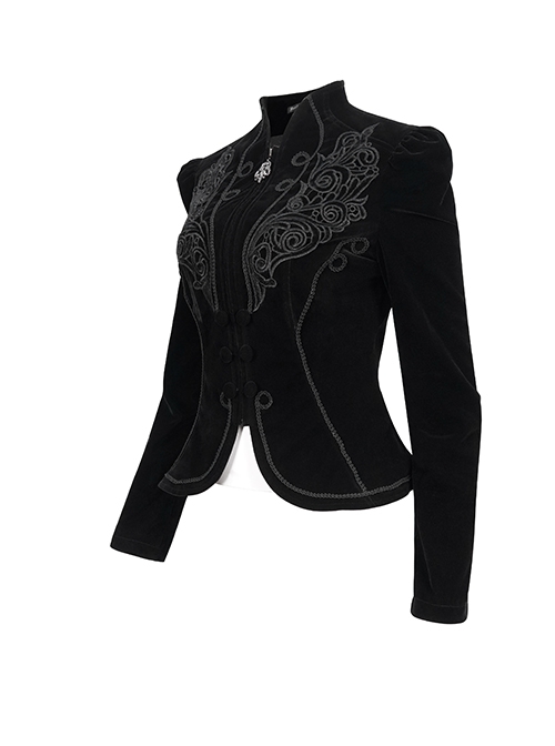 Gothic Style Soft Velvet Fabric Exquisite Applique On The Front Center Stand Collar With Metal Zipper Pendant Black Warm Long Sleeve Jacket