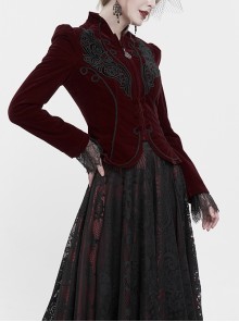 Gothic Style Soft Velvet Fabric Exquisite Applique On The Front Center Stand Collar With Metal Zipper Pendant Wine Red Warm Long Sleeve Jacket