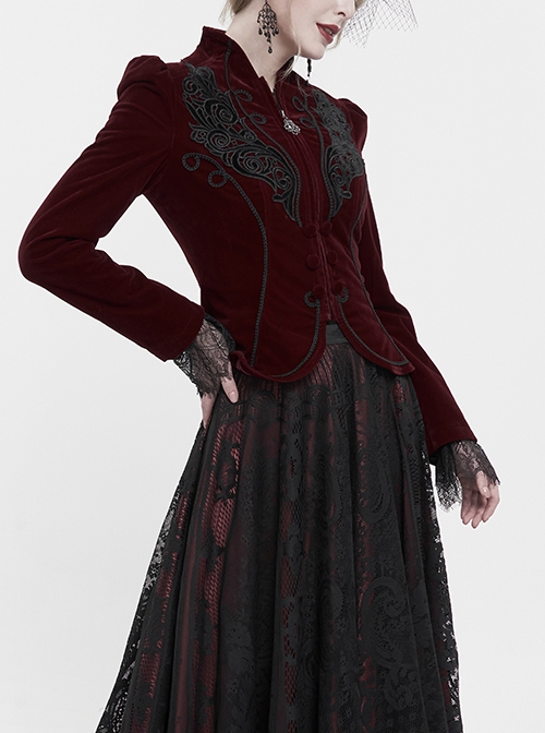 Gothic Style Soft Velvet Fabric Exquisite Applique On The Front Center Stand Collar With Metal Zipper Pendant Wine Red Warm Long Sleeve Jacket