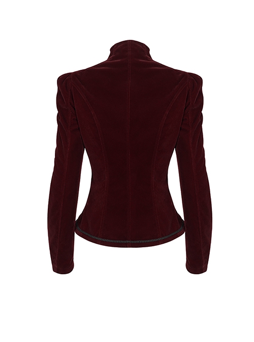 Gothic Style Soft Velvet Fabric Exquisite Applique On The Front Center Stand Collar With Metal Zipper Pendant Wine Red Warm Long Sleeve Jacket