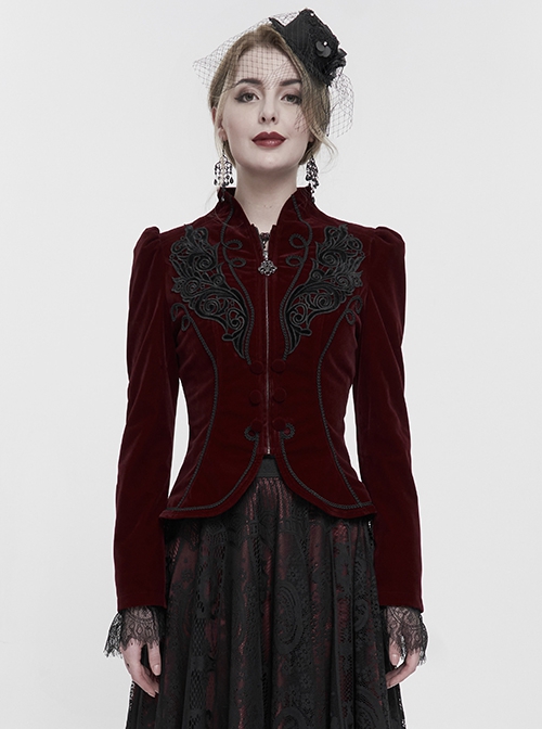 Gothic Style Soft Velvet Fabric Exquisite Applique On The Front Center Stand Collar With Metal Zipper Pendant Wine Red Warm Long Sleeve Jacket