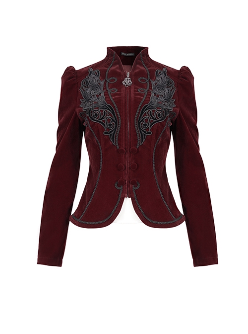 Gothic Style Soft Velvet Fabric Exquisite Applique On The Front Center Stand Collar With Metal Zipper Pendant Wine Red Warm Long Sleeve Jacket