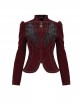 Gothic Style Soft Velvet Fabric Exquisite Applique On The Front Center Stand Collar With Metal Zipper Pendant Wine Red Warm Long Sleeve Jacket