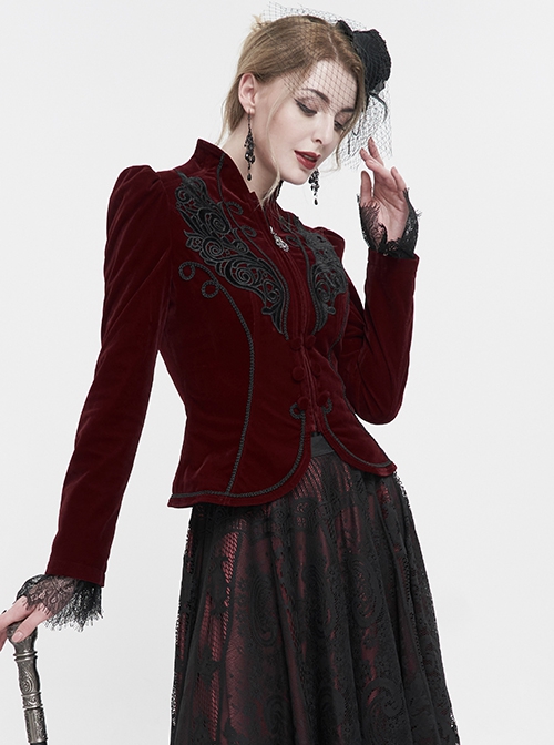 Gothic Style Soft Velvet Fabric Exquisite Applique On The Front Center Stand Collar With Metal Zipper Pendant Wine Red Warm Long Sleeve Jacket