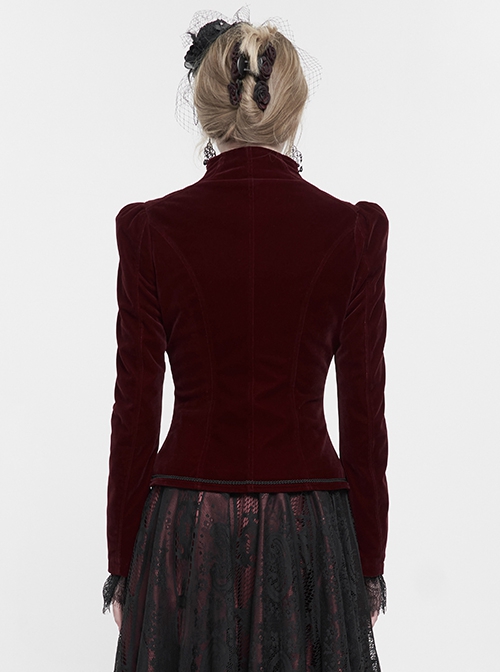 Gothic Style Soft Velvet Fabric Exquisite Applique On The Front Center Stand Collar With Metal Zipper Pendant Wine Red Warm Long Sleeve Jacket