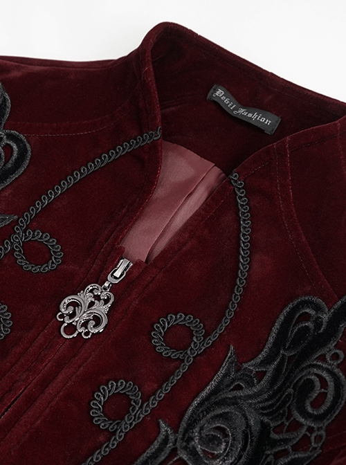 Gothic Style Soft Velvet Fabric Exquisite Applique On The Front Center Stand Collar With Metal Zipper Pendant Wine Red Warm Long Sleeve Jacket