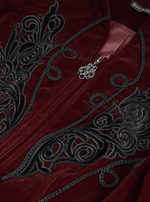 Gothic Style Soft Velvet Fabric Exquisite Applique On The Front Center Stand Collar With Metal Zipper Pendant Wine Red Warm Long Sleeve Jacket