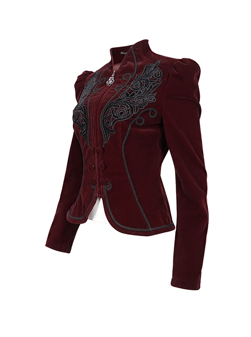 Gothic Style Soft Velvet Fabric Exquisite Applique On The Front Center Stand Collar With Metal Zipper Pendant Wine Red Warm Long Sleeve Jacket