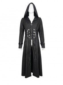 Punk Style Comfortable Skinny Back Mirrored Leather With Metal Decoration Black Adjustable Perforated Hooded Coat