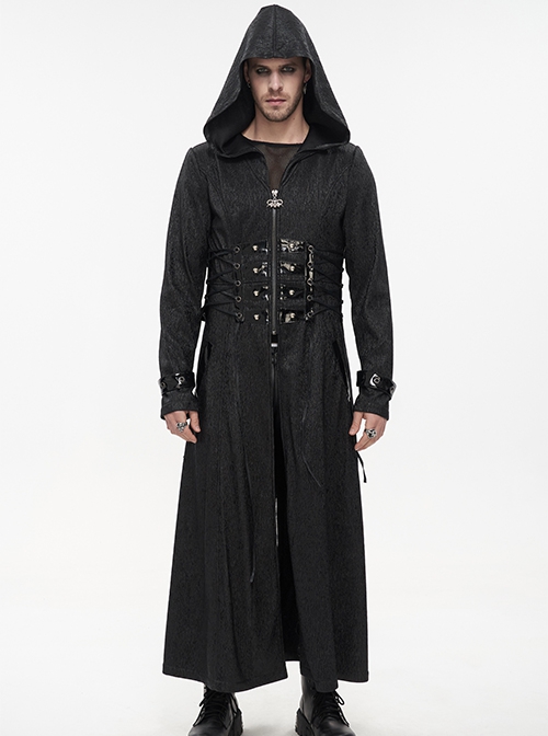 Punk Style Comfortable Skinny Back Mirrored Leather With Metal Decoration Black Adjustable Perforated Hooded Coat