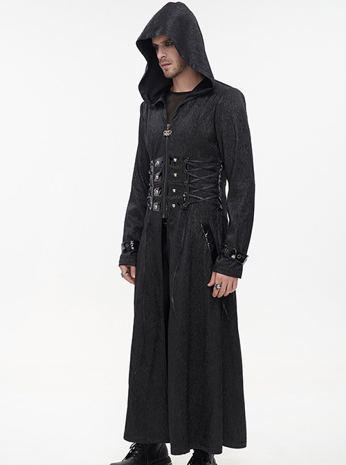 Punk Style Comfortable Skinny Back Mirrored Leather With Metal Decoration Black Adjustable Perforated Hooded Coat