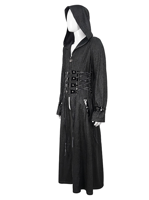 Punk Style Comfortable Skinny Back Mirrored Leather With Metal Decoration Black Adjustable Perforated Hooded Coat