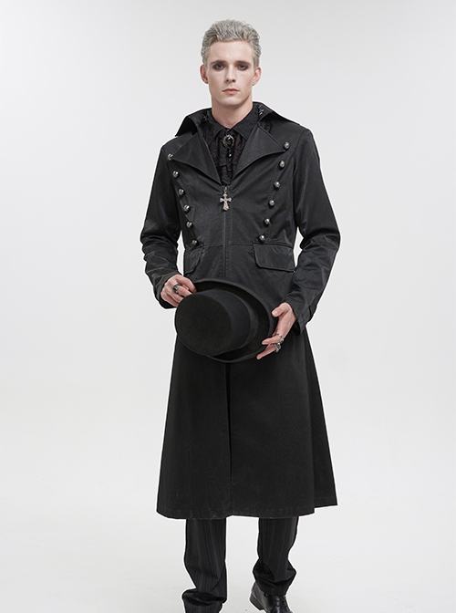 Gothic Style Handsome Double Breasted Front Center Metal Cross Zipper Pendant Black Long Lapel Coat