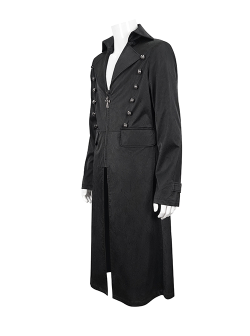 Gothic Style Handsome Double Breasted Front Center Metal Cross Zipper Pendant Black Long Lapel Coat