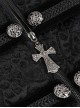 Gothic Style Exquisite Printed Silk Front Center Metal Button With Cross Pendant Zipper Black Slit Stand Collar Vintage Jacket