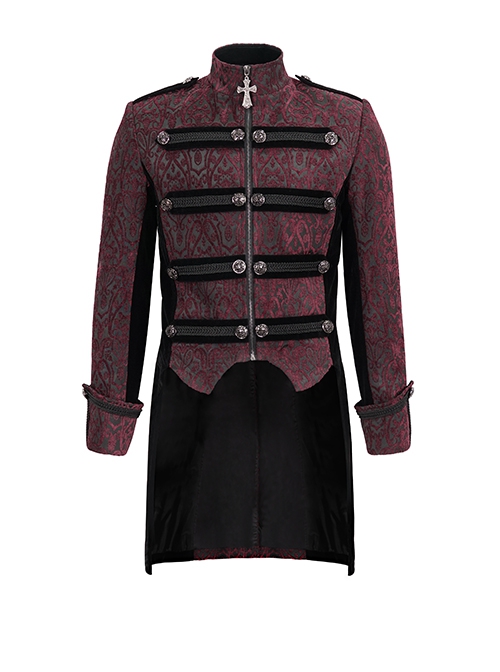 Gothic Style Exquisite Printed Silk Front Center Metal Button With Cross Pendant Zipper Red Slit Stand Collar Vintage Jacket