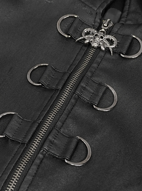 Punk Style Three Dimensional Elastic Twill Faux Leather Front Center Eyelet Skull Pendant Zipper Decoration Black Stand Collar Jacket