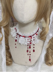 Moonlight Sacrifice Simulated Asymmetric Red Drippy Blood Beads Gothic Lolita Long Lace Necklace