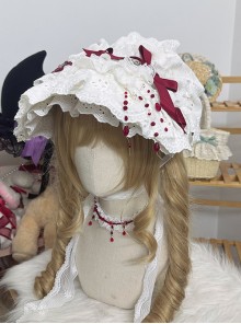 Moonlight Sacrifice Series Gorgeous Simulated Red Drippy Blood Beads Bowknot Gothic Lolita White Lace Bonnet