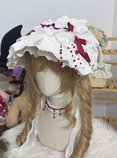 Moonlight Sacrifice Series Gorgeous Simulated Red Drippy Blood Beads Bowknot Gothic Lolita White Lace Bonnet