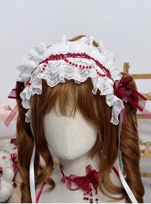 Dark Fairy Tale Gorgeous Wine White Lace Blood Beads Mesh Yarn Ribbon Bowknot Gothic Lolita Headband