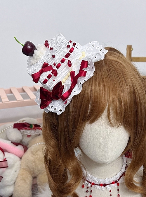 Simulated Handmade Blood Beads Cheerilee Ribbon Bowknot Triangle Cake Headdress Gothic Lolita Hat