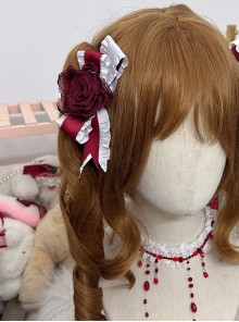 Dark Fairy Tale Style Retro Gorgeous Simulated Large Wine Red Rose Bowknot Ruffle Gothic Lolita Hairpin