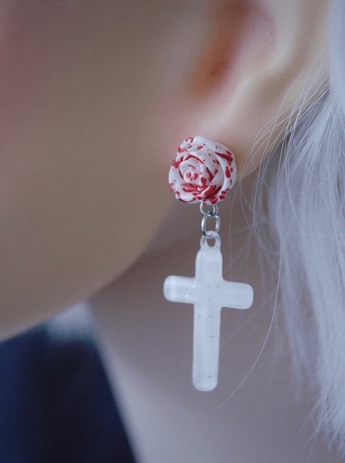 Beautiful Simulated Blood Stains Holy Pure White Rose Cross Pendant Gothic Lolita Earrings