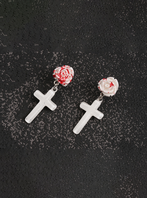 Beautiful Simulated Blood Stains Holy Pure White Rose Cross Pendant Gothic Lolita Earrings