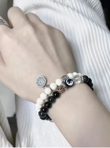 Neo-Chinese Style Vintage Alloy Yin Yang Bagua Tai Chi Diagram Black White Gradient Glass Beads Classic Lolita Bracelet