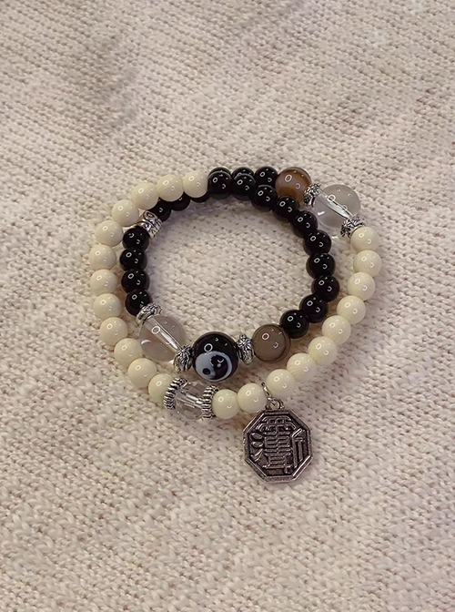 Neo-Chinese Style Vintage Alloy Yin Yang Bagua Tai Chi Diagram Black White Gradient Glass Beads Classic Lolita Bracelet