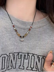 Neo-Chinese Style Vintage Safety Lock Classic Lolita Colorful Natural Stone Beads Clavicle Chain Braided Necklace