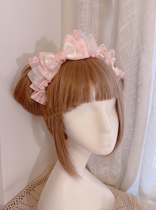 Princess Style Plaid Shiny Mesh Yarn Bowknot Lace Embroidery Pearl Sweet Lolita Headband KC