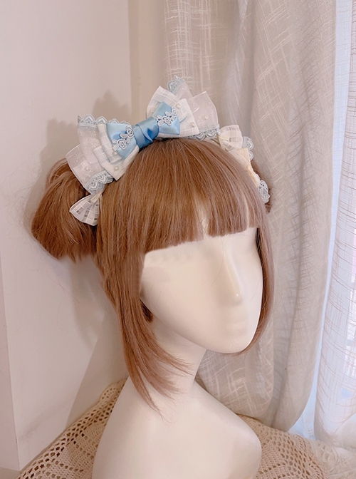 Princess Style Plaid Shiny Mesh Yarn Bowknot Lace Embroidery Pearl Sweet Lolita Headband KC