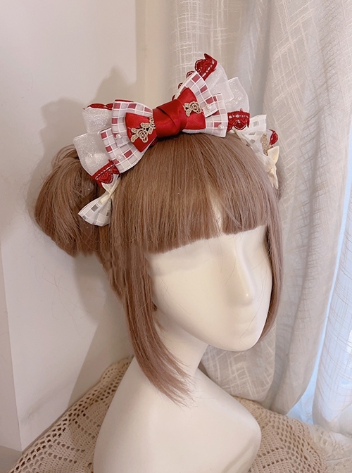 Princess Style Plaid Shiny Mesh Yarn Bowknot Lace Embroidery Pearl Sweet Lolita Headband KC