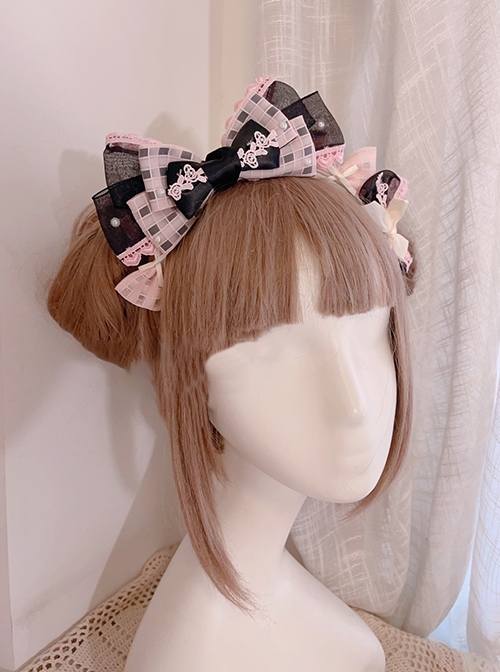 Princess Style Plaid Shiny Mesh Yarn Bowknot Lace Embroidery Pearl Sweet Lolita Headband KC