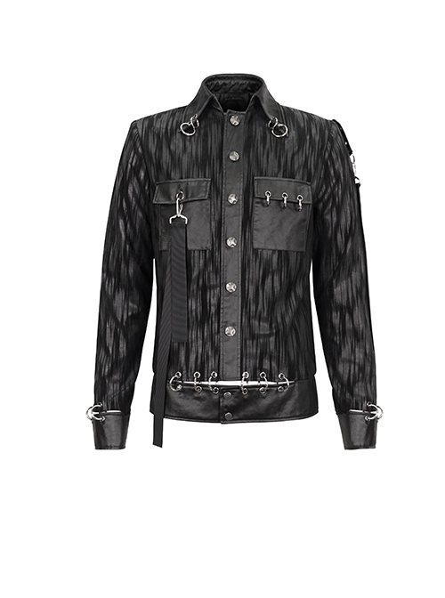 Punk Style Handsome Vertical Stripes Personalized Metal Ring Perforated Black Lapel Jacket