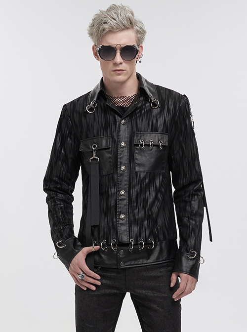 Punk Style Handsome Vertical Stripes Personalized Metal Ring Perforated Black Lapel Jacket