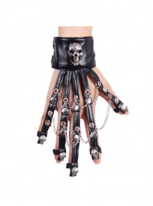 Punk Style Exaggerated Skull Rivets With Metal Chain Decorated Black Leather Gloves