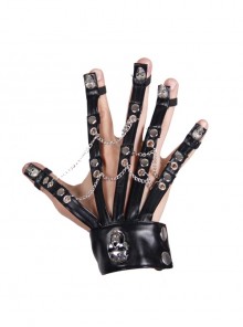Punk Style Exaggerated Skull Rivets With Metal Chain Decoration Black Men's Leather Gloves