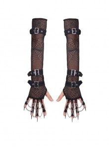 Punk Style Elastic Transparent Spider Web Fabric Finger Metal Chain With Elastic Rubber Band Black Mesh Gloves
